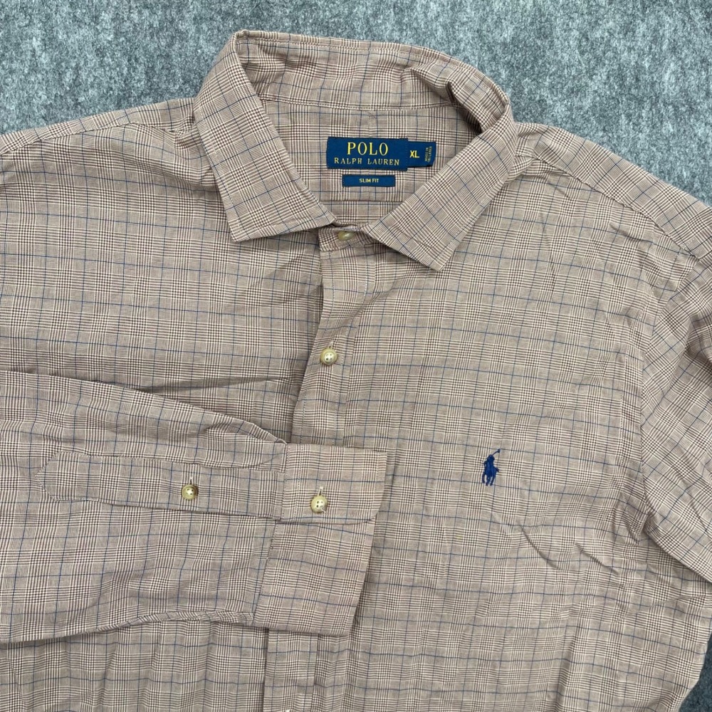 Polo Ralph Lauren Shirt Mens XL Slim Fit Plaid Button Down Brown New